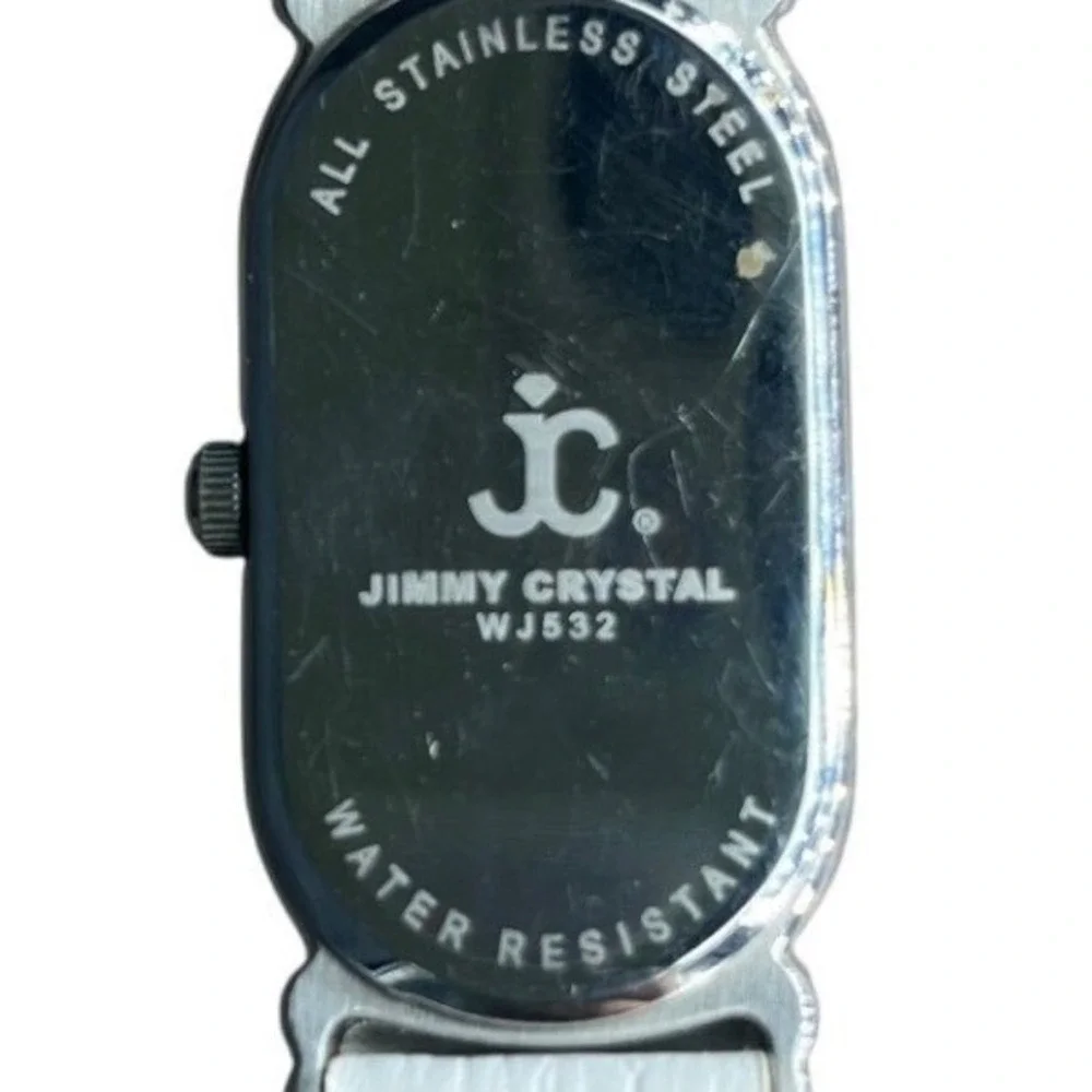 Jimmy Crystal Womens Oval Case Watch Rhinestone White Band Water Resistant WJ532
